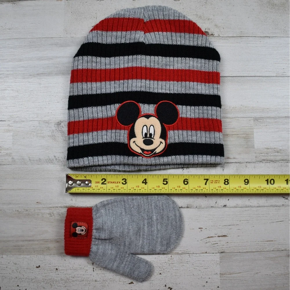 Disney Mickey Mouse Beanie & Mittens Set Boys 2T-5T Gray Red Striped Cozy Winter